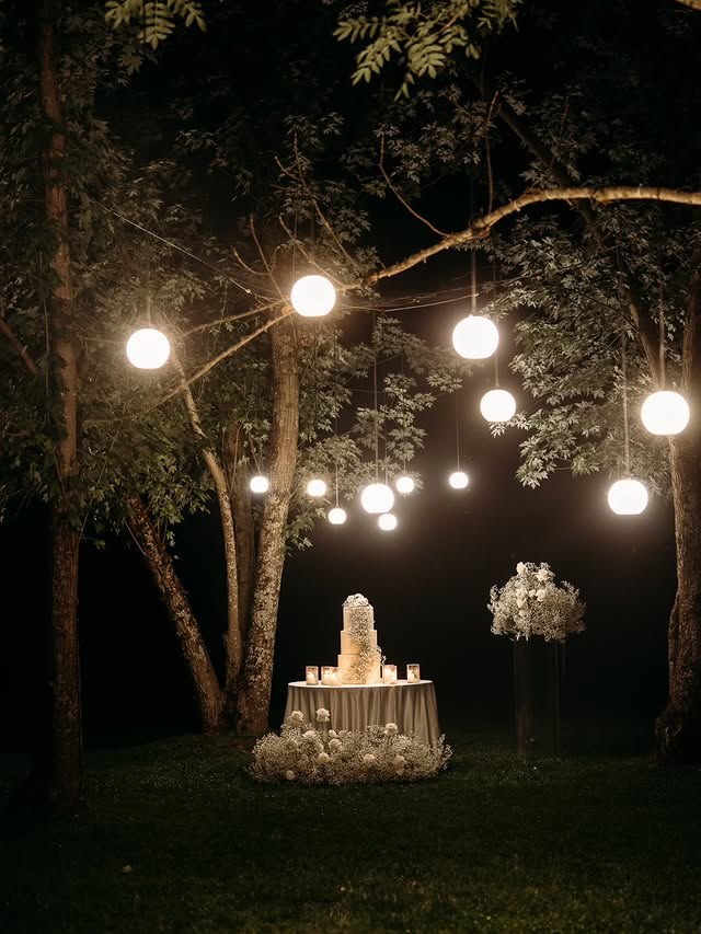 Torta nuziale in giardino di notte